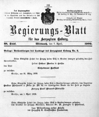 Regierungs-Blatt für das Herzogtum Coburg (Coburger Regierungs-Blatt) Mittwoch 7. April 1909