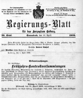 Regierungs-Blatt für das Herzogtum Coburg (Coburger Regierungs-Blatt) Samstag 10. April 1909