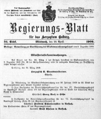 Regierungs-Blatt für das Herzogtum Coburg (Coburger Regierungs-Blatt) Mittwoch 28. April 1909