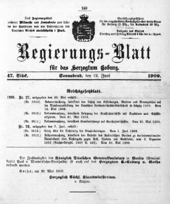 Regierungs-Blatt für das Herzogtum Coburg (Coburger Regierungs-Blatt) Samstag 12. Juni 1909