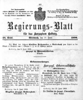 Regierungs-Blatt für das Herzogtum Coburg (Coburger Regierungs-Blatt) Mittwoch 16. Juni 1909