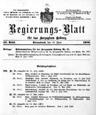 Regierungs-Blatt für das Herzogtum Coburg (Coburger Regierungs-Blatt) Samstag 19. Juni 1909