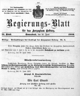 Regierungs-Blatt für das Herzogtum Coburg (Coburger Regierungs-Blatt) Samstag 26. Juni 1909