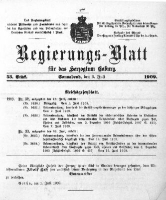 Regierungs-Blatt für das Herzogtum Coburg (Coburger Regierungs-Blatt) Samstag 3. Juli 1909