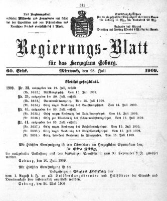 Regierungs-Blatt für das Herzogtum Coburg (Coburger Regierungs-Blatt) Mittwoch 28. Juli 1909