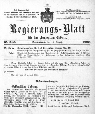 Regierungs-Blatt für das Herzogtum Coburg (Coburger Regierungs-Blatt) Samstag 14. August 1909