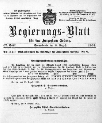 Regierungs-Blatt für das Herzogtum Coburg (Coburger Regierungs-Blatt) Samstag 21. August 1909