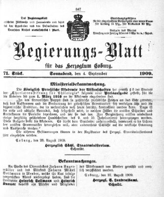 Regierungs-Blatt für das Herzogtum Coburg (Coburger Regierungs-Blatt) Samstag 4. September 1909