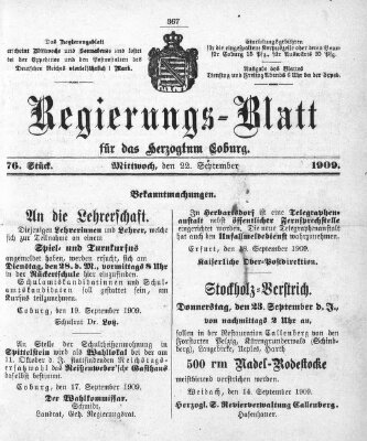 Regierungs-Blatt für das Herzogtum Coburg (Coburger Regierungs-Blatt) Mittwoch 22. September 1909