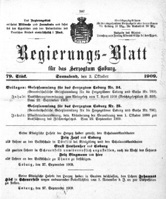 Regierungs-Blatt für das Herzogtum Coburg (Coburger Regierungs-Blatt) Samstag 2. Oktober 1909