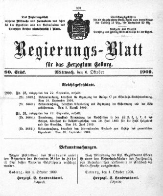 Regierungs-Blatt für das Herzogtum Coburg (Coburger Regierungs-Blatt) Mittwoch 6. Oktober 1909