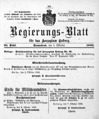 Regierungs-Blatt für das Herzogtum Coburg (Coburger Regierungs-Blatt) Samstag 9. Oktober 1909