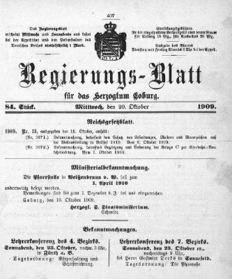 Regierungs-Blatt für das Herzogtum Coburg (Coburger Regierungs-Blatt) Mittwoch 20. Oktober 1909