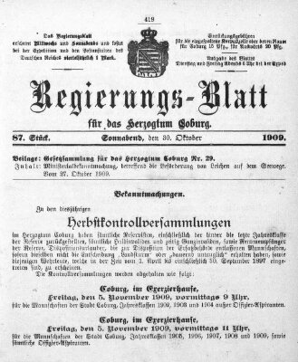 Regierungs-Blatt für das Herzogtum Coburg (Coburger Regierungs-Blatt) Samstag 30. Oktober 1909