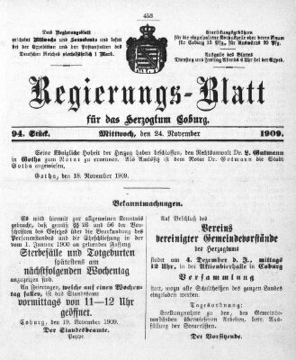 Regierungs-Blatt für das Herzogtum Coburg (Coburger Regierungs-Blatt) Mittwoch 24. November 1909