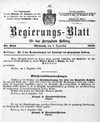 Regierungs-Blatt für das Herzogtum Coburg (Coburger Regierungs-Blatt) Mittwoch 8. Dezember 1909