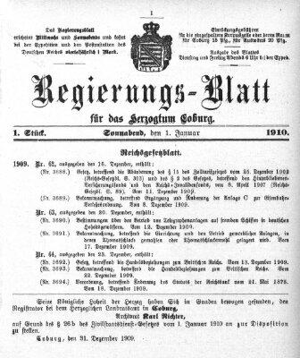 Regierungs-Blatt für das Herzogtum Coburg (Coburger Regierungs-Blatt) Samstag 1. Januar 1910