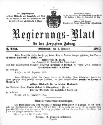 Regierungs-Blatt für das Herzogtum Coburg (Coburger Regierungs-Blatt) Mittwoch 5. Januar 1910