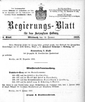 Regierungs-Blatt für das Herzogtum Coburg (Coburger Regierungs-Blatt) Mittwoch 12. Januar 1910