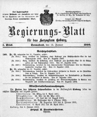 Regierungs-Blatt für das Herzogtum Coburg (Coburger Regierungs-Blatt) Samstag 15. Januar 1910