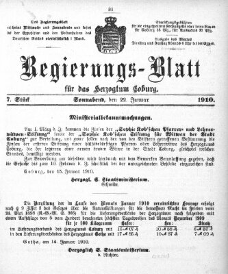 Regierungs-Blatt für das Herzogtum Coburg (Coburger Regierungs-Blatt) Samstag 22. Januar 1910