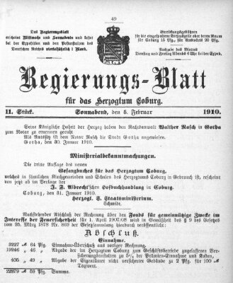 Regierungs-Blatt für das Herzogtum Coburg (Coburger Regierungs-Blatt) Samstag 5. Februar 1910