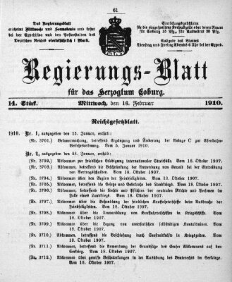 Regierungs-Blatt für das Herzogtum Coburg (Coburger Regierungs-Blatt) Mittwoch 16. Februar 1910