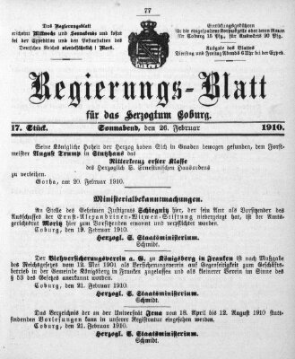 Regierungs-Blatt für das Herzogtum Coburg (Coburger Regierungs-Blatt) Samstag 26. Februar 1910