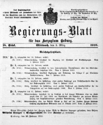 Regierungs-Blatt für das Herzogtum Coburg (Coburger Regierungs-Blatt) Mittwoch 2. März 1910