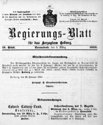 Regierungs-Blatt für das Herzogtum Coburg (Coburger Regierungs-Blatt) Samstag 5. März 1910