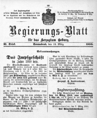 Regierungs-Blatt für das Herzogtum Coburg (Coburger Regierungs-Blatt) Samstag 12. März 1910