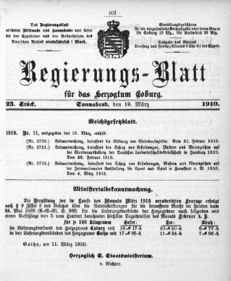 Regierungs-Blatt für das Herzogtum Coburg (Coburger Regierungs-Blatt) Samstag 19. März 1910