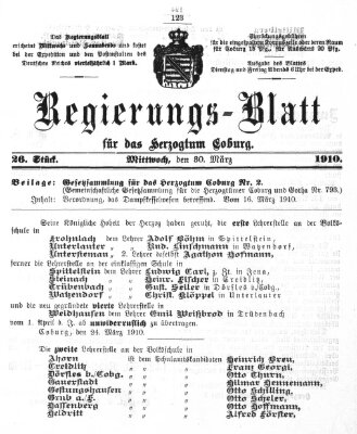 Regierungs-Blatt für das Herzogtum Coburg (Coburger Regierungs-Blatt) Mittwoch 30. März 1910