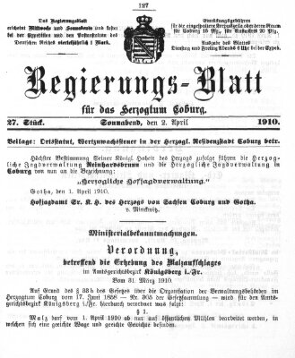 Regierungs-Blatt für das Herzogtum Coburg (Coburger Regierungs-Blatt) Samstag 2. April 1910