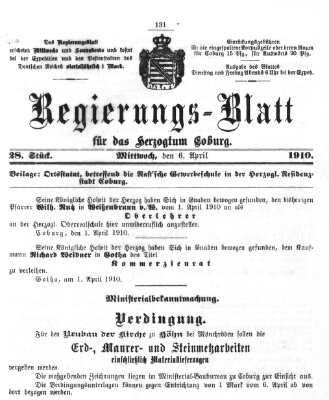 Regierungs-Blatt für das Herzogtum Coburg (Coburger Regierungs-Blatt) Mittwoch 6. April 1910