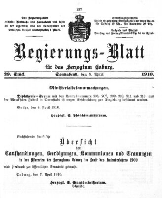 Regierungs-Blatt für das Herzogtum Coburg (Coburger Regierungs-Blatt) Samstag 9. April 1910