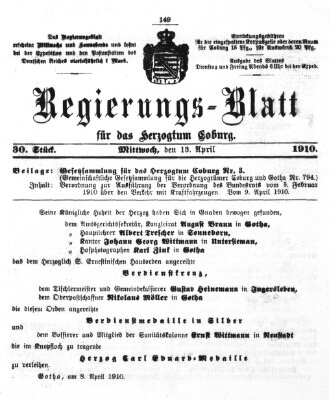 Regierungs-Blatt für das Herzogtum Coburg (Coburger Regierungs-Blatt) Mittwoch 13. April 1910