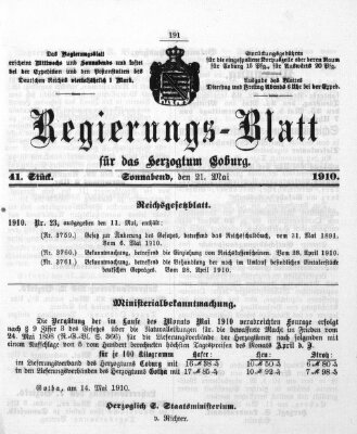 Regierungs-Blatt für das Herzogtum Coburg (Coburger Regierungs-Blatt) Samstag 21. Mai 1910