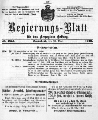 Regierungs-Blatt für das Herzogtum Coburg (Coburger Regierungs-Blatt) Samstag 28. Mai 1910