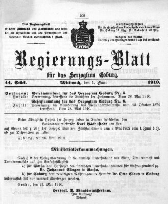 Regierungs-Blatt für das Herzogtum Coburg (Coburger Regierungs-Blatt) Mittwoch 1. Juni 1910