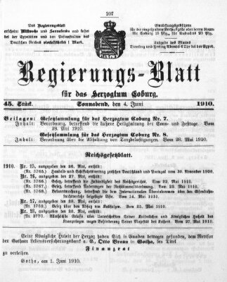 Regierungs-Blatt für das Herzogtum Coburg (Coburger Regierungs-Blatt) Samstag 4. Juni 1910