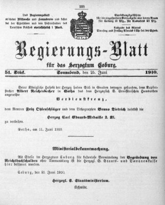 Regierungs-Blatt für das Herzogtum Coburg (Coburger Regierungs-Blatt) Samstag 25. Juni 1910