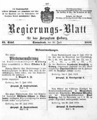 Regierungs-Blatt für das Herzogtum Coburg (Coburger Regierungs-Blatt) Samstag 30. Juli 1910