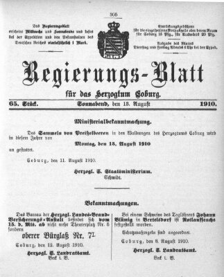 Regierungs-Blatt für das Herzogtum Coburg (Coburger Regierungs-Blatt) Samstag 13. August 1910