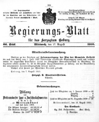 Regierungs-Blatt für das Herzogtum Coburg (Coburger Regierungs-Blatt) Mittwoch 17. August 1910