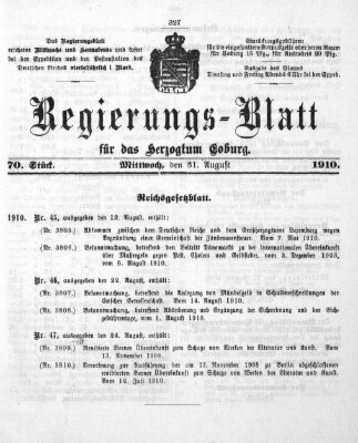 Regierungs-Blatt für das Herzogtum Coburg (Coburger Regierungs-Blatt) Mittwoch 31. August 1910