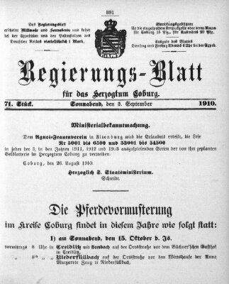 Regierungs-Blatt für das Herzogtum Coburg (Coburger Regierungs-Blatt) Samstag 3. September 1910