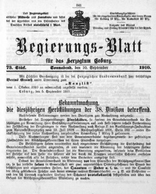 Regierungs-Blatt für das Herzogtum Coburg (Coburger Regierungs-Blatt) Samstag 10. September 1910