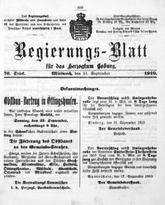 Regierungs-Blatt für das Herzogtum Coburg (Coburger Regierungs-Blatt) Mittwoch 21. September 1910