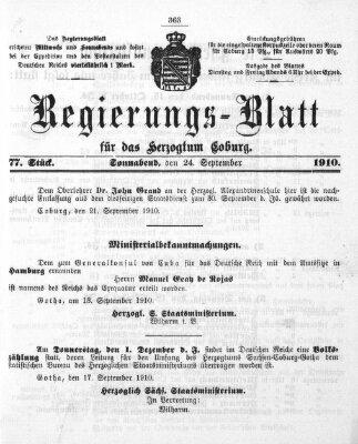 Regierungs-Blatt für das Herzogtum Coburg (Coburger Regierungs-Blatt) Samstag 24. September 1910